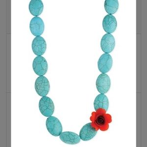Turquoise Necklace & Bracelet Set With Red Rose